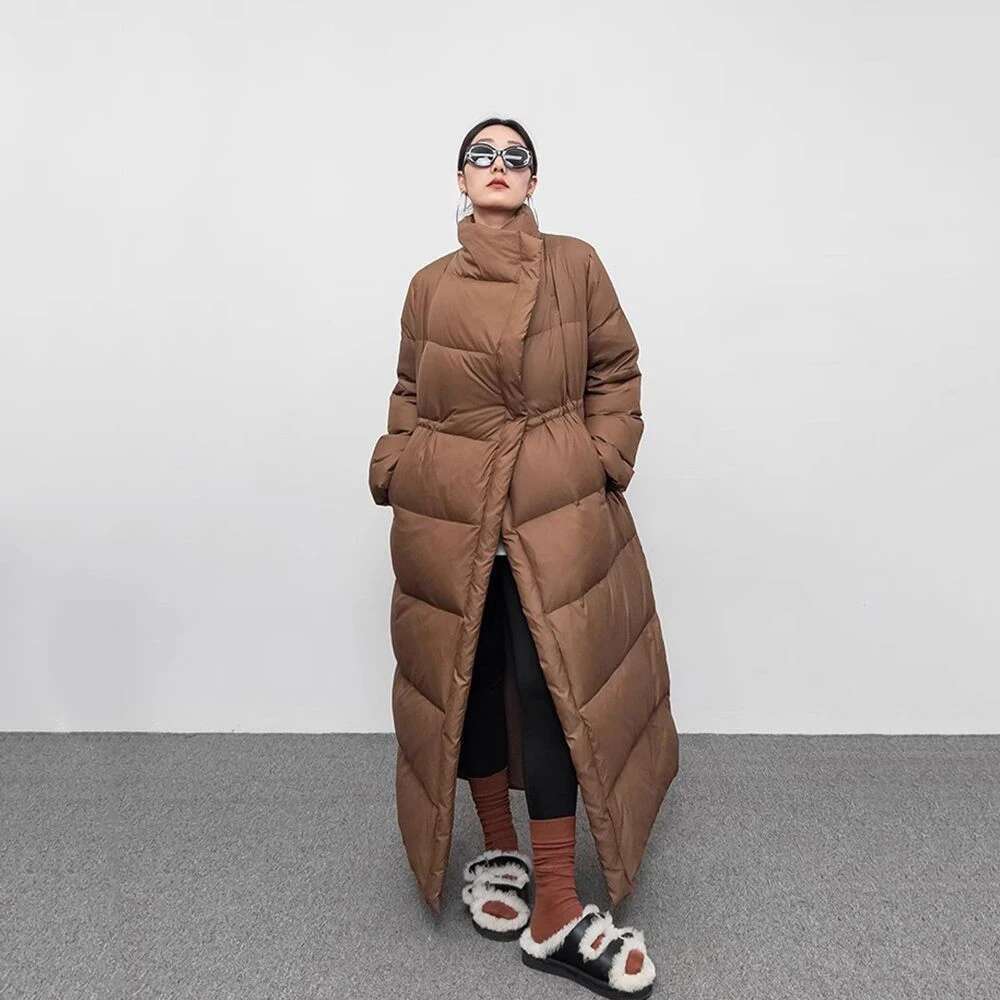 Winter Large Lapel Long Overcoat Women 90 White Duck Loose Knee Length Bread Cotton Quilt Jacket Warm Down Coat