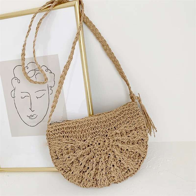 New Round Straw Bags For Women Summer Beach Rattan Bag Handmade Woven Half Moon Crossbody Handbags Bohemia