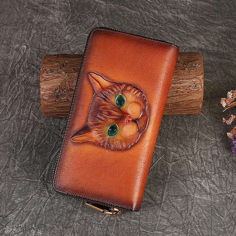 Designer Bag 2025 Genuine Leather Long Wallet For Women Purse Id/Credit Card Cash Holder Cat Pattern Retro Female Cowhide Money Purses Bag Luxury Bag
