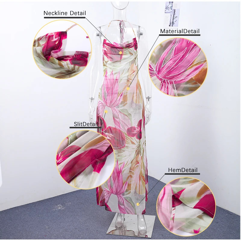 Floral Printed Suspender Dress Sexy Backless Womens Halter Dresses High Waist Split Maxi Fashion Robe Summer 250513