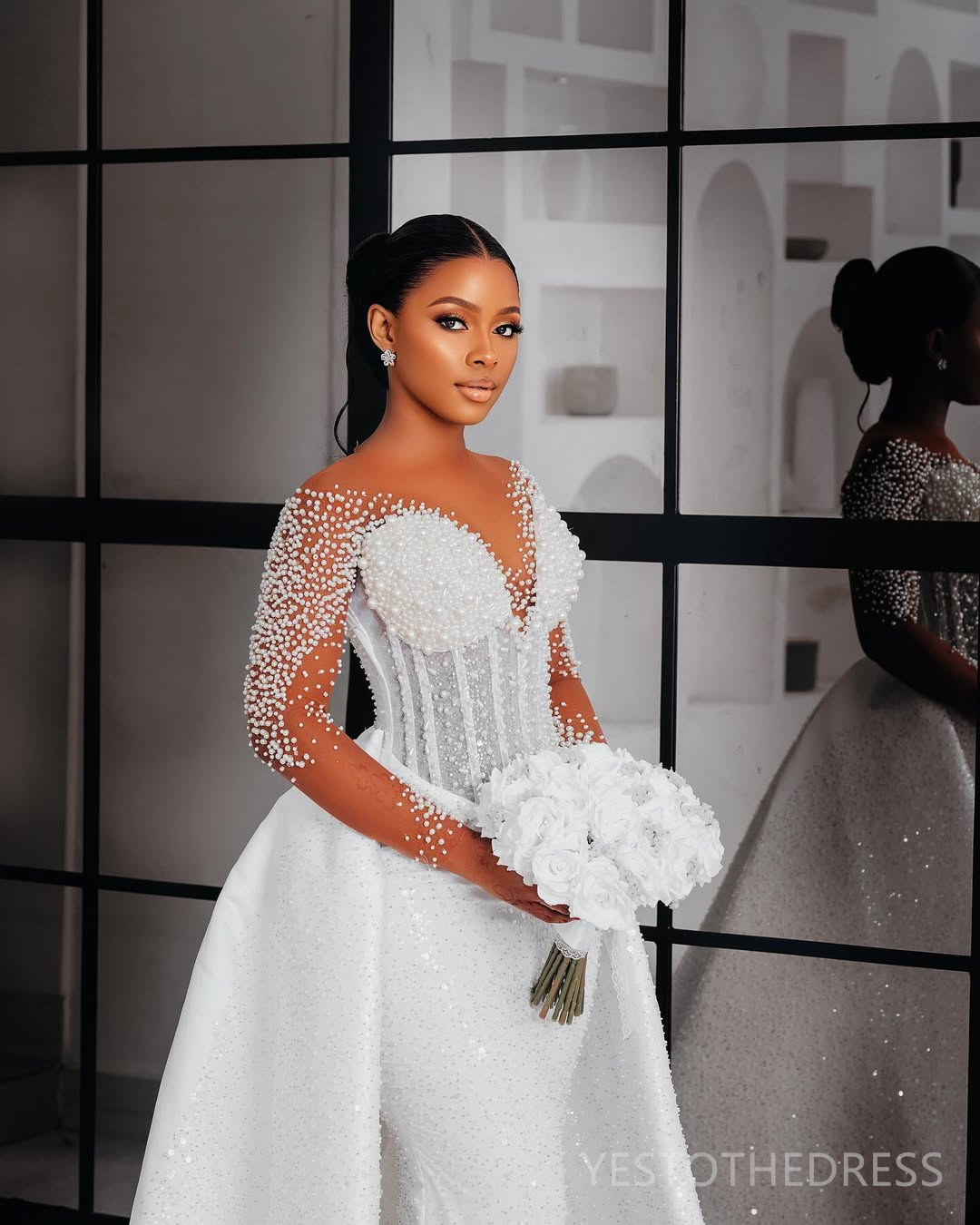 2025 Aso Ebi Mermaid Wedding Dress For Bride Bridal Gowns Detachable Train Illusion Beaded Lace Crystals Decorations Luxurious Wedding Gowns for Black