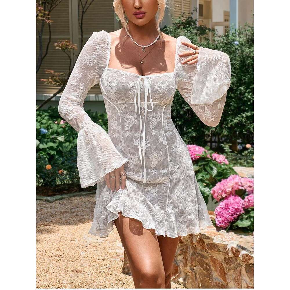 NewAsia Women's Bell Sleeve Square Neck Lace Mini Dress Backless Tie Up Autumn Fashion Holiday Party Short Dresses White