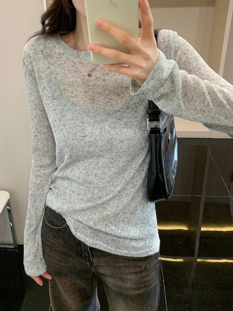 AOSSVIAO Womens White Long Sleeve TShirt Spring Summer Basic Loose Fit Fashion Sexy See through Casual Tee Femme Thin 250513