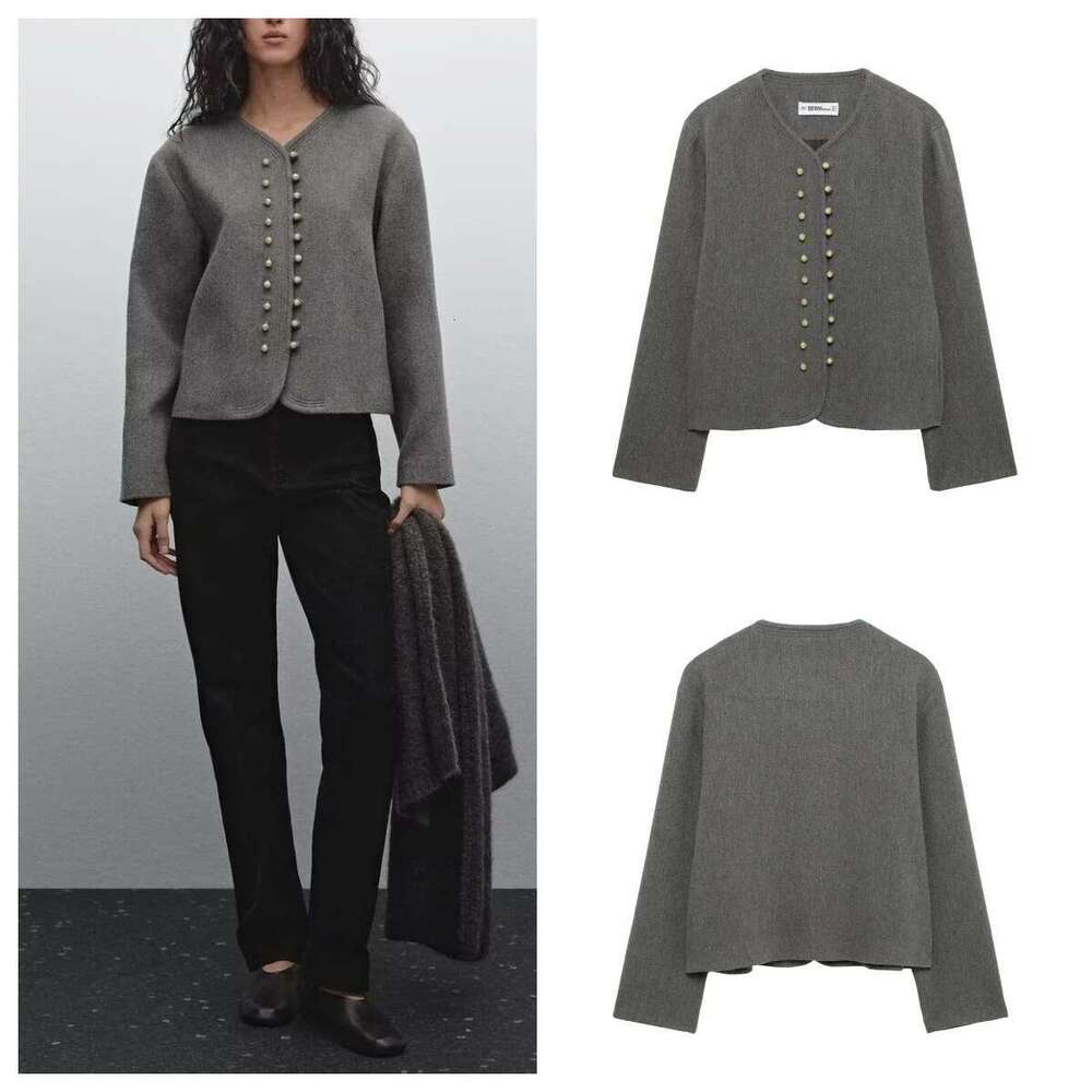 European and American style spring new round collar ball decoration double-breasted long-sleeved casual jacket female temperamen