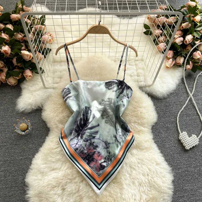 Womens Sexy Backless asymmetrical lace-up Camis Print Tank Top Chic One-piece Corset Bustier Summer Beach vacation Crop Top M250513