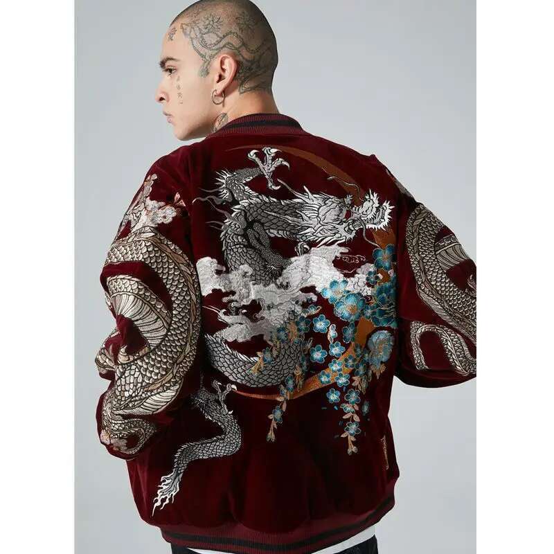 Winter Embroidered Dragon Baseball Uniform Coats Trendy Spring Autumn Men and Women Heavy Yokosuka Chinese Style Coat