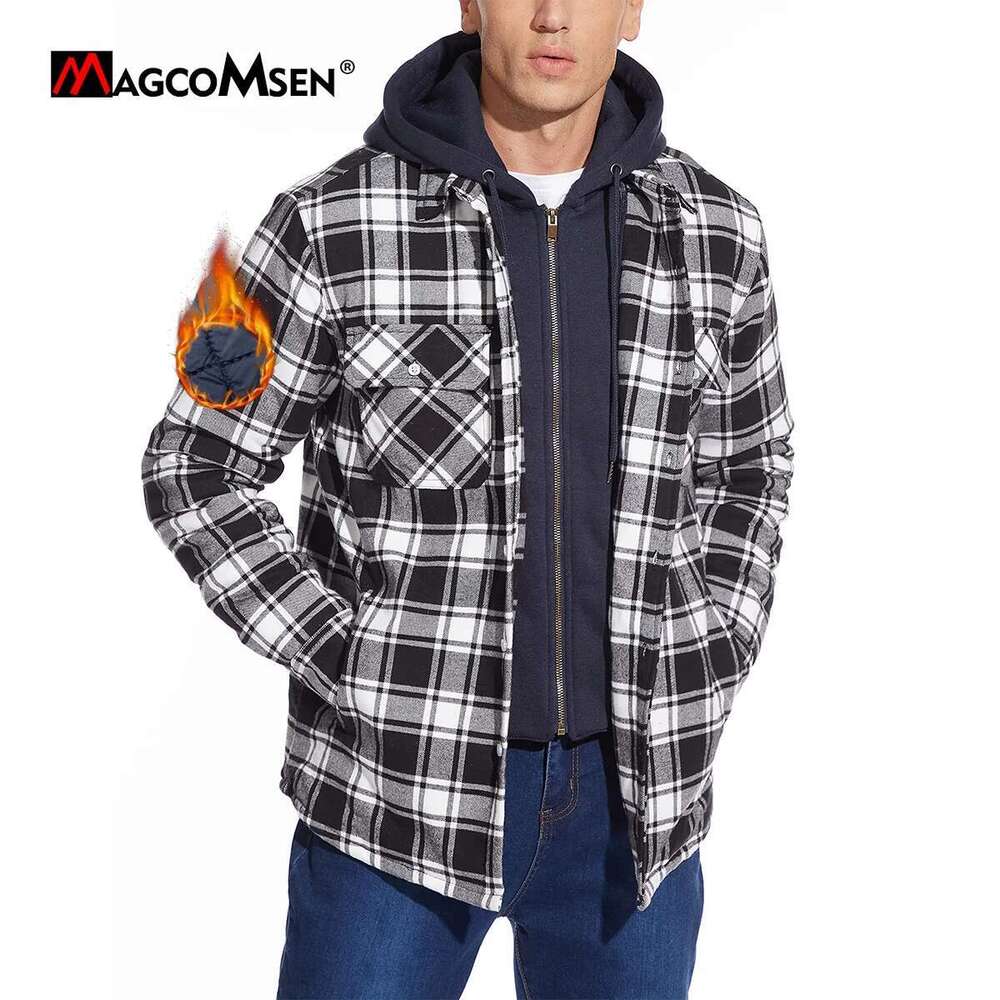 MAGCOMSEN Men's Flannel with Removable Hood 5 Pockets Plaid Quilted Lined Winter Coats Thick Hoodie Outwear Fleece Jacket