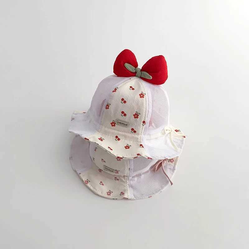 Sweet Bow Baby Fishermans Hat Red Cherry Sunscreen Basin Cap Princess Girl Summer Sun Hats 3-24Month Children Mesh Bucket Caps R250512