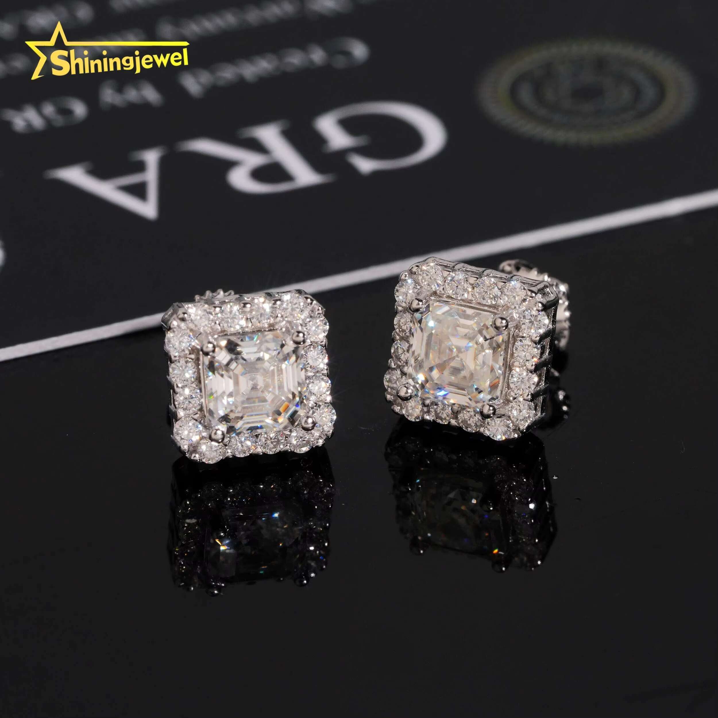 Diamond Jewelry Iced Out Square Princess Cut Hip Hop Screw Back 925 Silver Moissanite Stud Earrings
