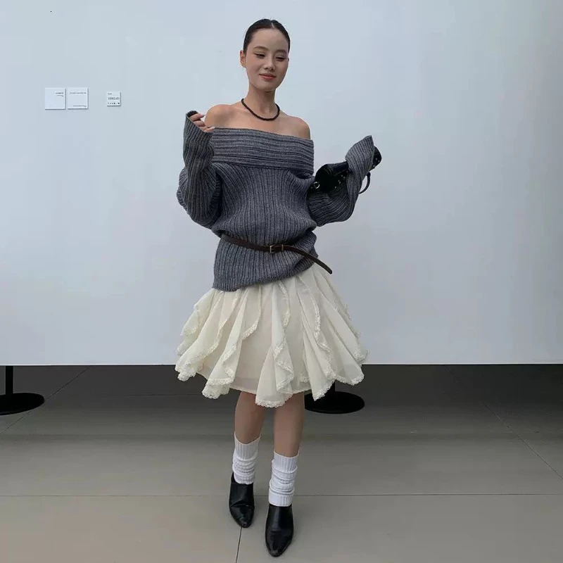 Deeptown Korean Style Lace Tulle Skirt Women Fairycore Sweet Elegant Ruffle Skirts Vintage Streetwear Irregular Layered 250513