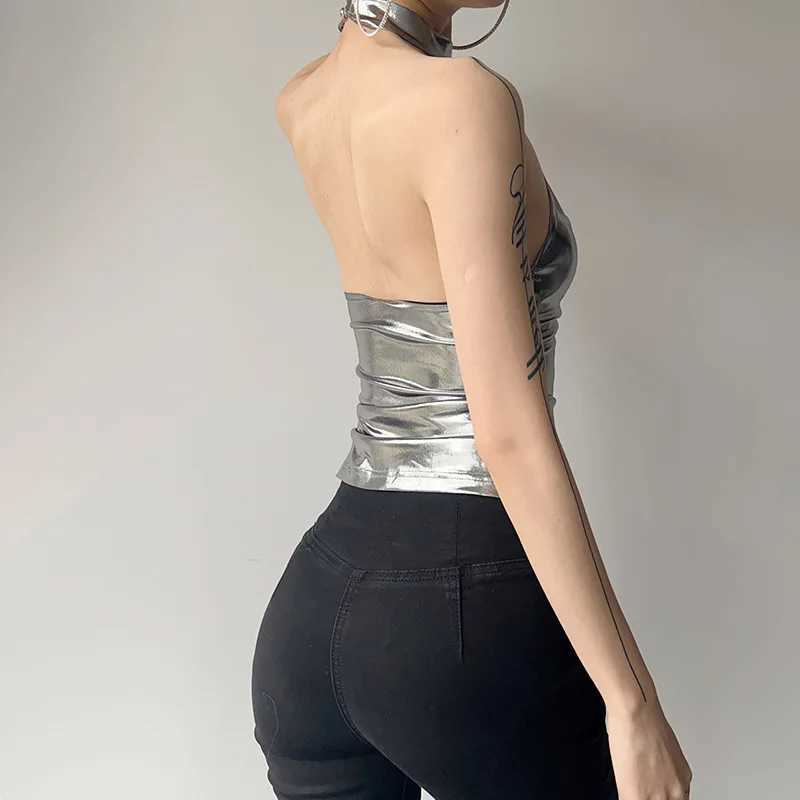 Shiny Silver Patent Leather Tank Top Women Slim Halter Crop Tops Backless Camisole Female Tube Top Cropped Vest M250513