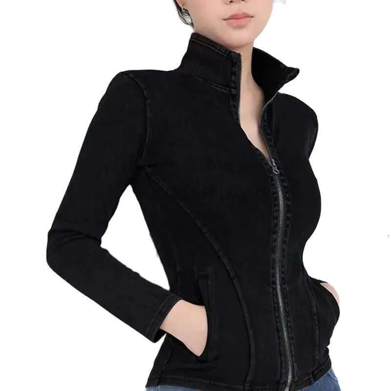 Denim Coat Womens Sports Running Yoga Slim Fit Full Zip Track Turtleneck Workout Jacket