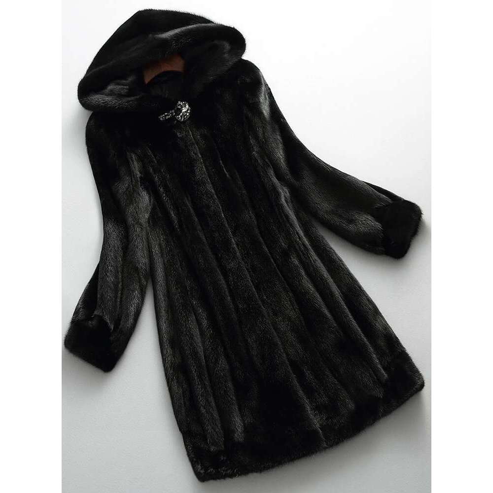 Lautaro Winter Black Faux Mink Fur Coat Women with Hood Long Sleeve Elegant Thick Warm Fluffy Furry Jacket 6xl 7xl