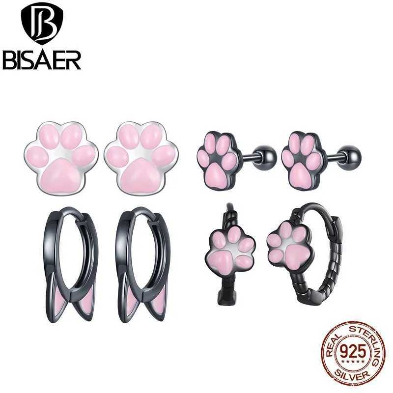 BISAER 100% 925 Sterling Silver Cute Cat Claw Hoop Earrings Black Pink Pet Animal Stud Earring For Women Party Fine Jewelry Gift Y250510