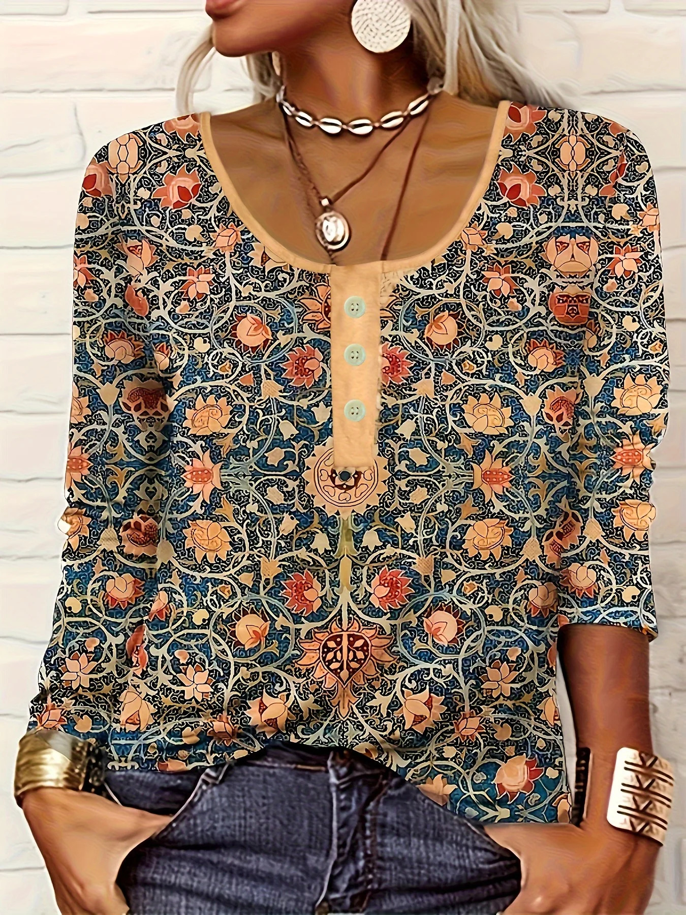 Elegant Ethnic Print ButtonDetail Long Sleeve Womens TShirt | Standard Sizing Boho Chic Fashion Top 250513