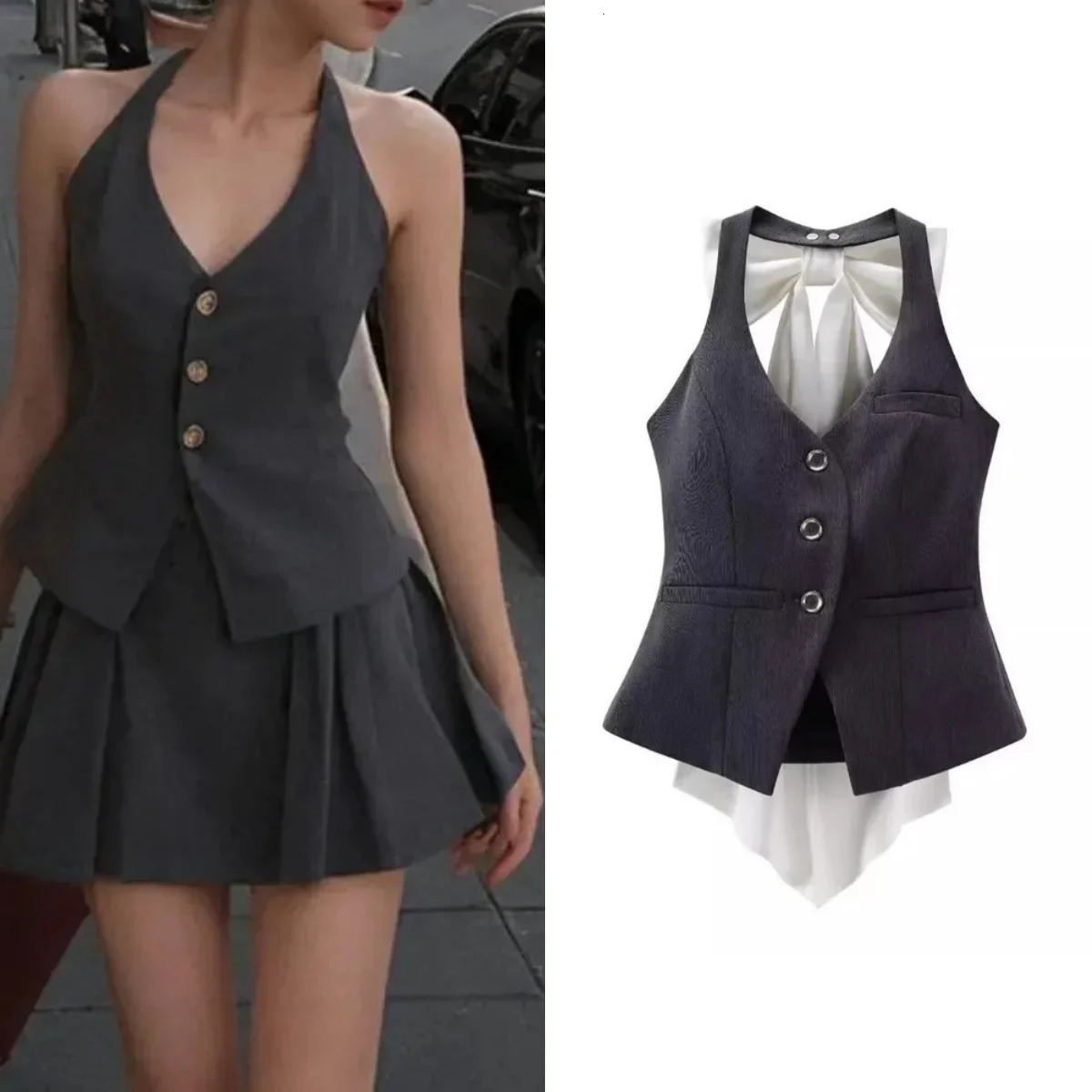 French Elegant 2piece Ski Set Womens Sexy Backless Sleeveless Y2k Crop Top Casual Slimming Wrinkled Skiing 2024 Summer 250506