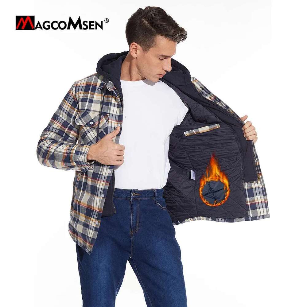 MAGCOMSEN Men's Flannel with Removable Hood 5 Pockets Plaid Quilted Lined Winter Coats Thick Hoodie Outwear Fleece Jacket