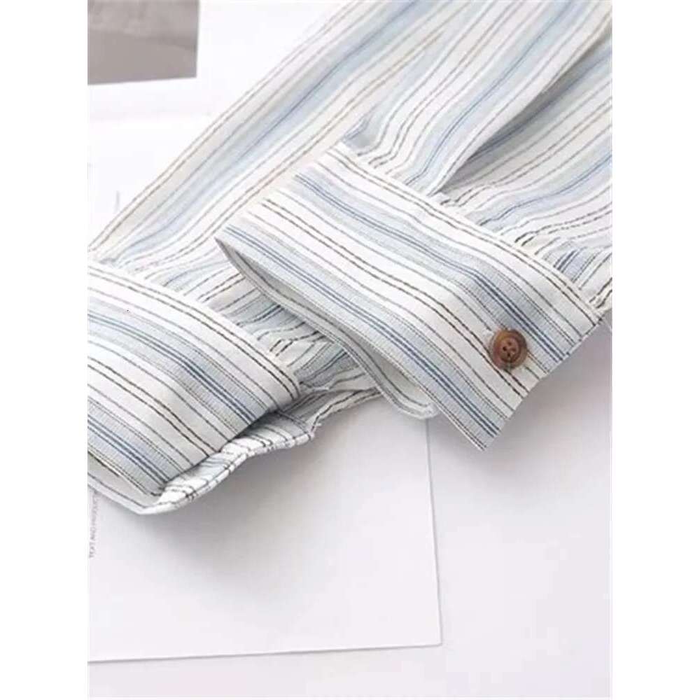 Plus Size Women's Clothing Spring Long-Sleeved Vertical Striped Cotton Linen Washed Shirt With Raw Edges And Tassels