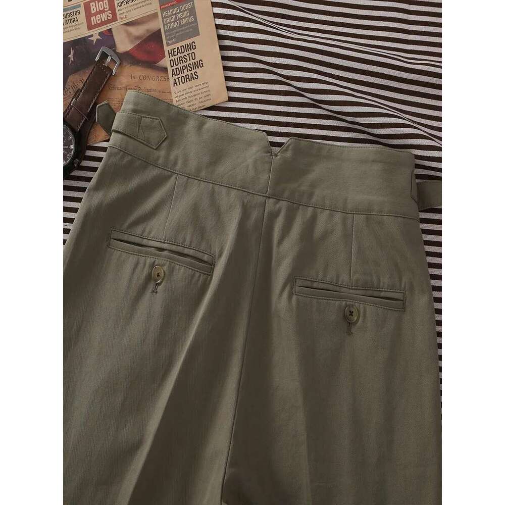 Pot&Craftsman Homemade Triple Silhouette Men's Loose Straight Paris Button Adjustable Casual Pants Herringbone Pattern