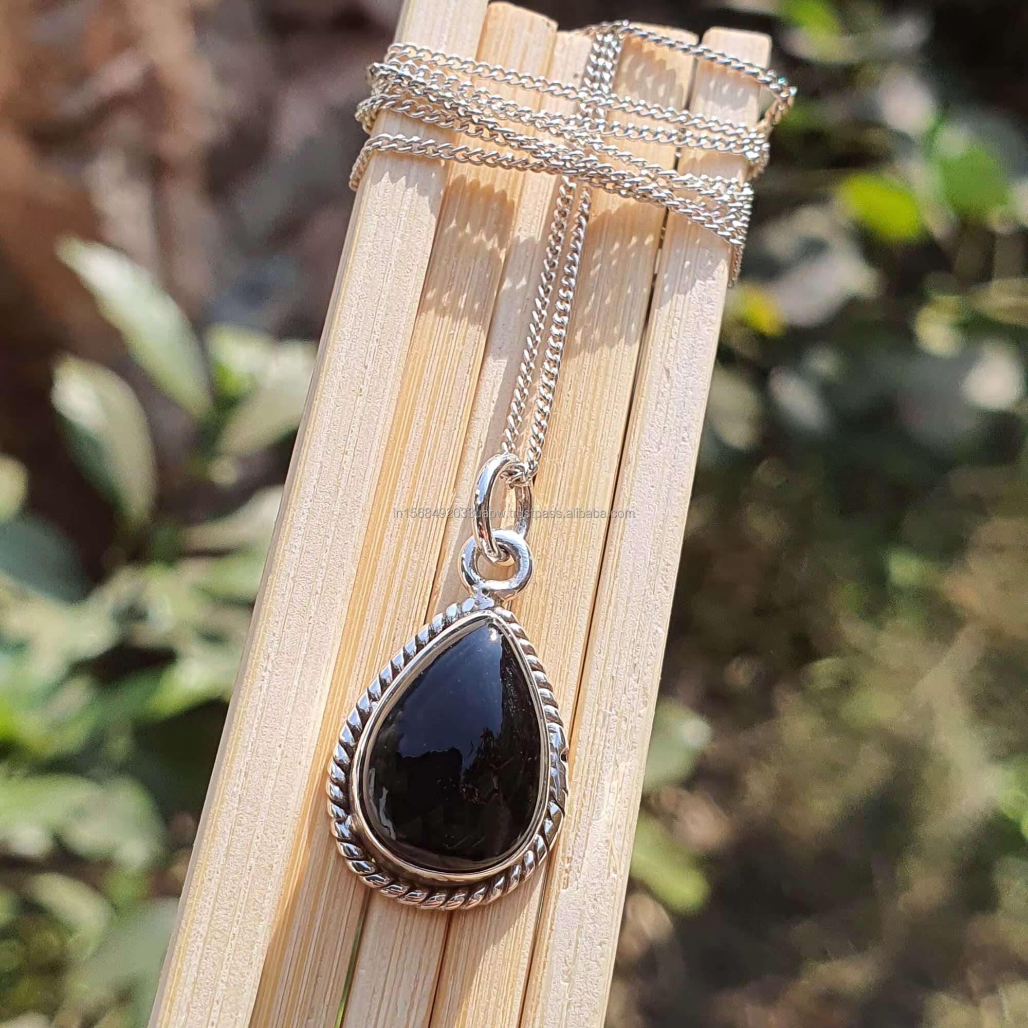 Tear drop black agate pendant paired with pure sier necklace, oxidized Indian men's and women's jewelry necklace