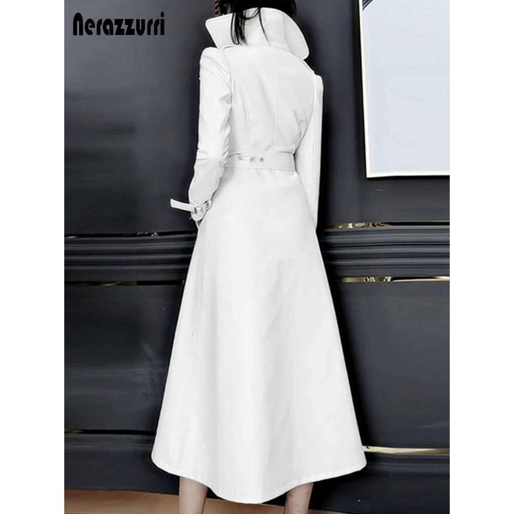 Nerazzurri Spring Runway White Leather Trench Coat for Women Long Sleeve Elegant fashion Womens Coats 2021 Designer