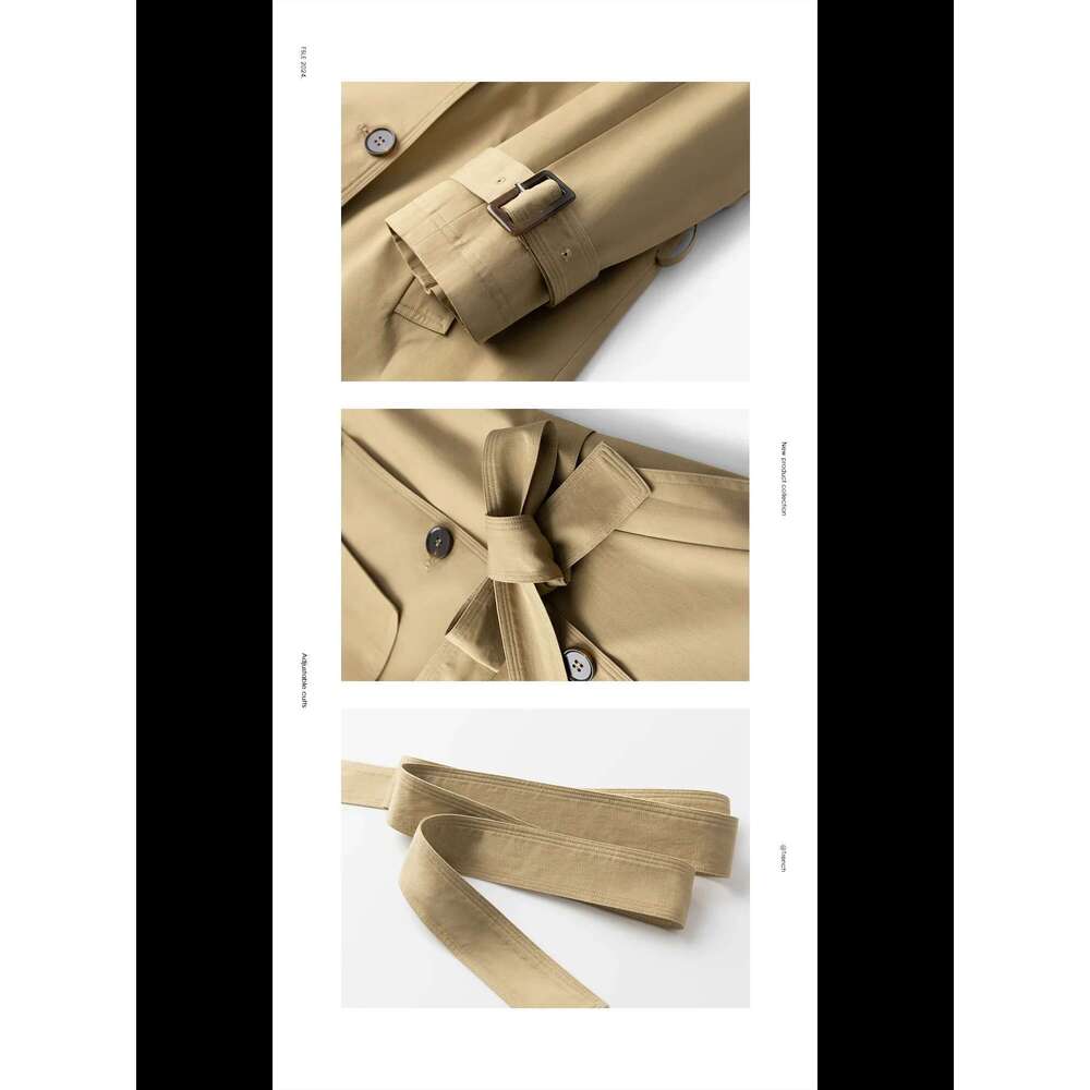 FSLE Khaki Autumn Long Coats Turn Down Collar Full Sleeve 100% Cotton Women Oversized Trench 24FS11325