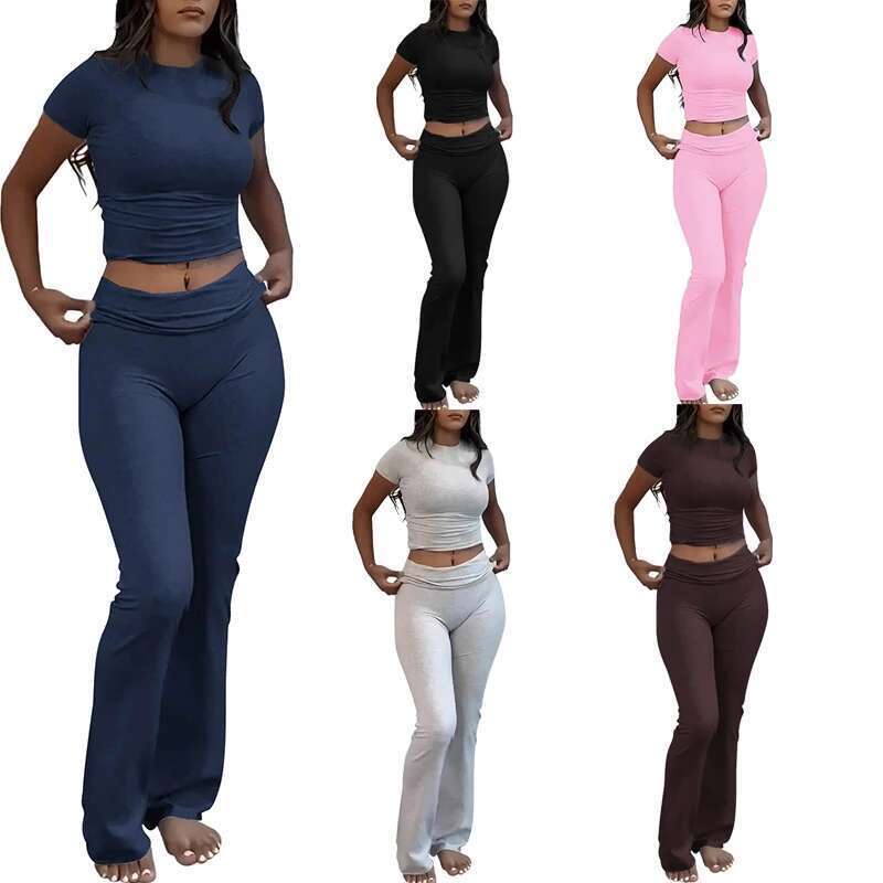 Comfy Cotton Lounge Wear Women Clothes High Stretch Slim Crop Top and Skinny Flare Leg Pants Suit Gym Fiess 2 Two Piece Sets