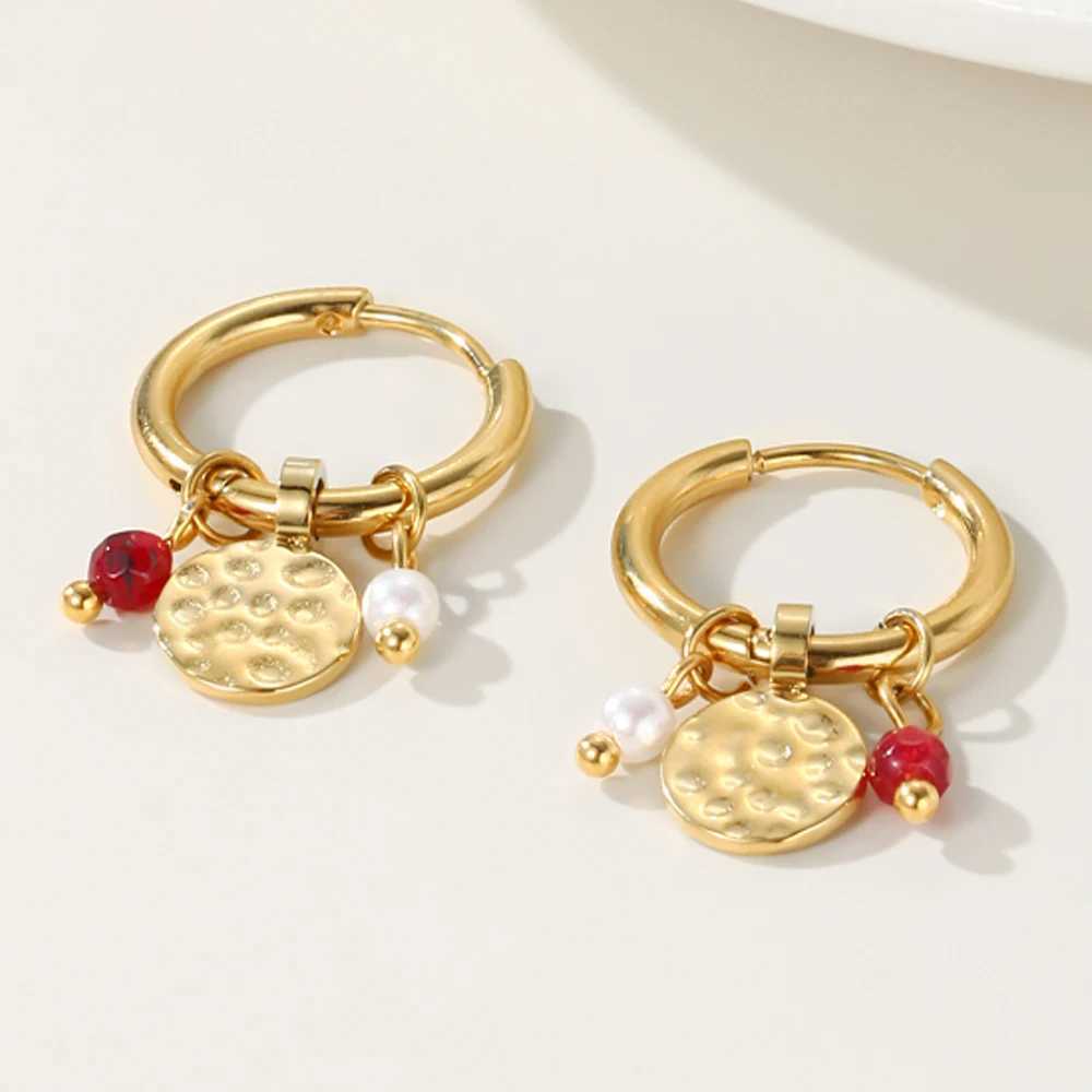 YACHAN 18K Gold Plated Stainless Steel Hoop Earrings for Women Tap Texture Metal Pearl Charms Earring Trendy Jewelry Gift Y250510