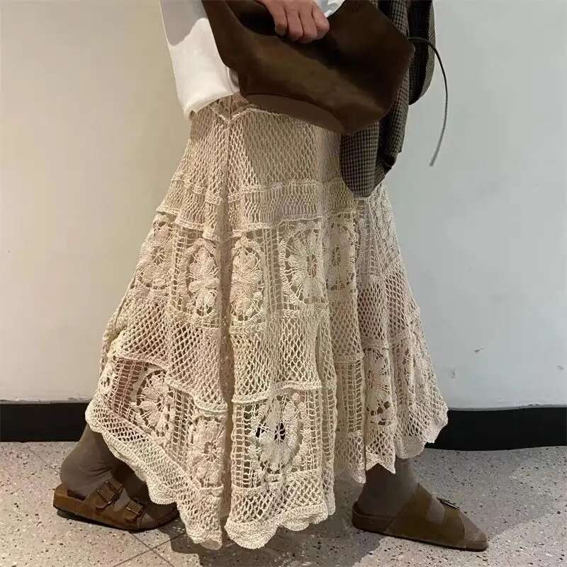 Xinyi Korean Version of Gentle Heavy Industry Retro French Crochet Hollow Design Elastic Knitted A-shaped Skirt