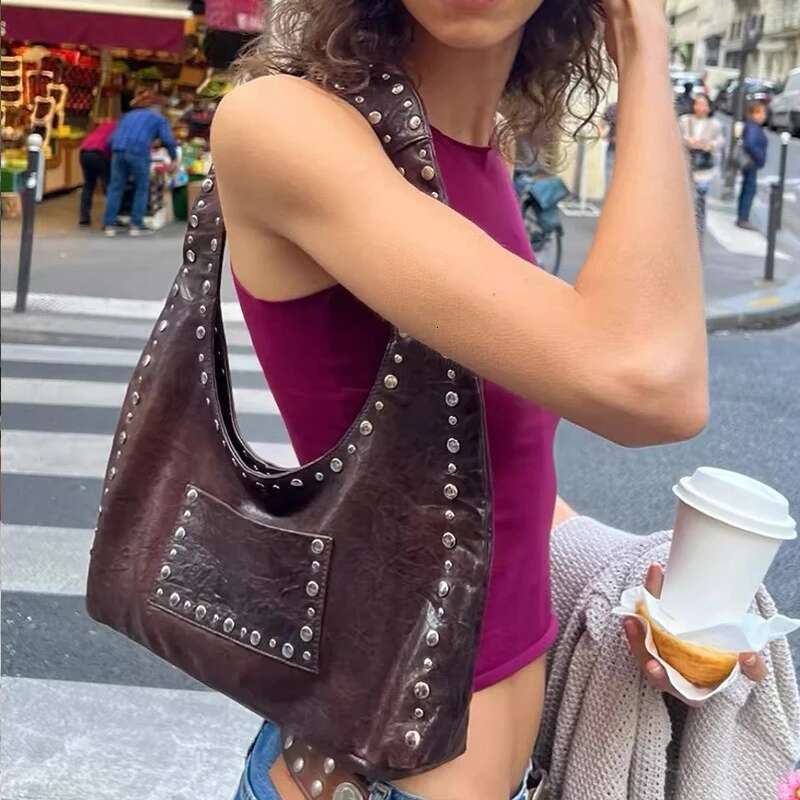 Retro Rivet Underarm Shoulder Bag,Wasteland Style Metal Stud Motorcycle Bag,Oil Wax Leather Women Handbag Brown Side Tote Bags
