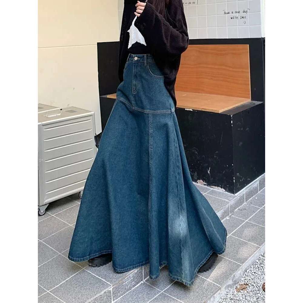 GUUZYUVIZ Long High Waist Versatile Fishtail Denim Skirt Woman