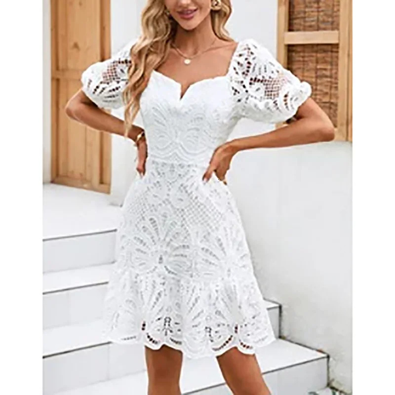EVNISI Women Vneck Lace Hollow Out Solid Color Vacation Aline Skirt Casual Elegant Zipper Dress Fashion 250513