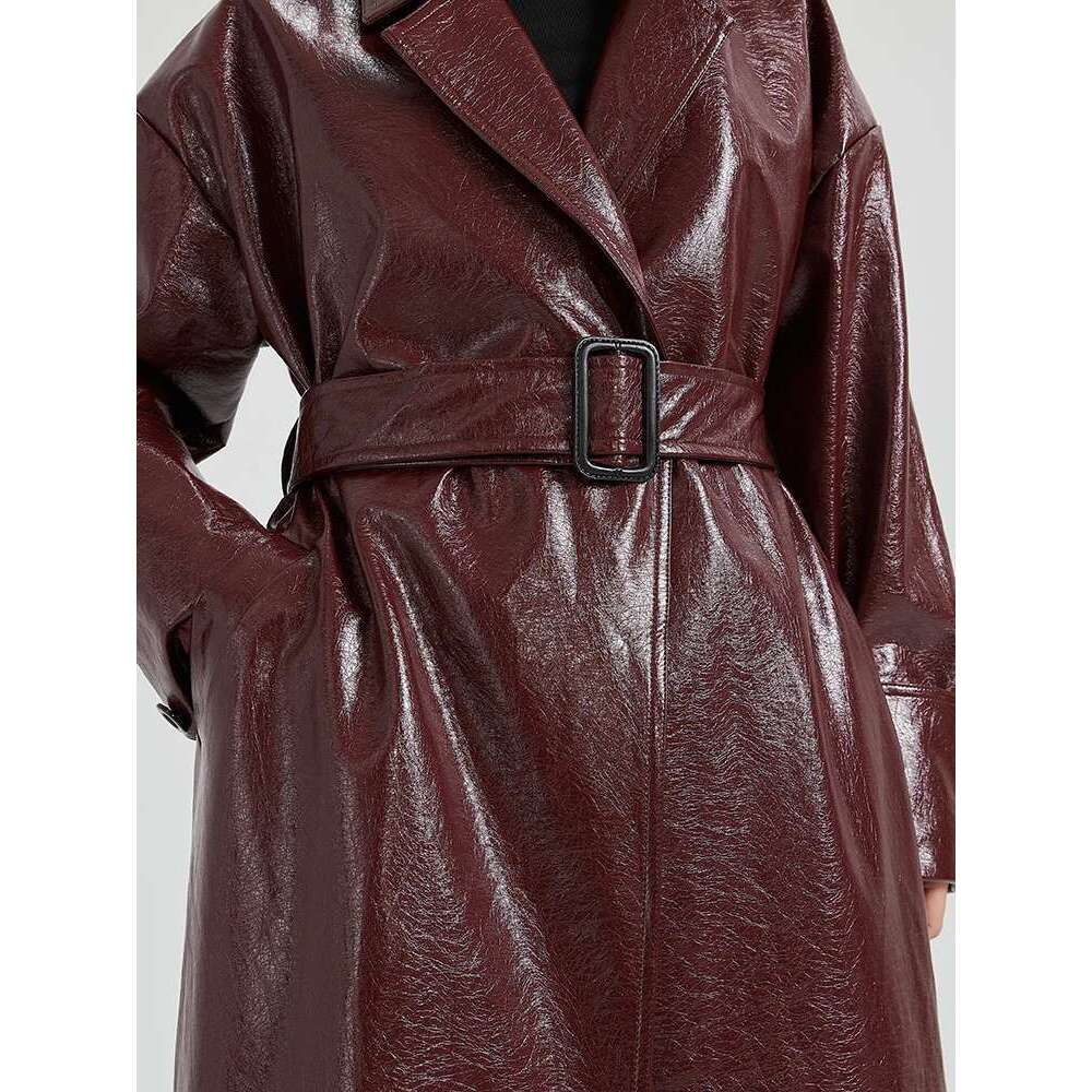 Lautaro Spring Autumn Extra Long Bury Pu Leather Trench Coat for Women with Belt Elegant Designer Maxi Overcoat 2024