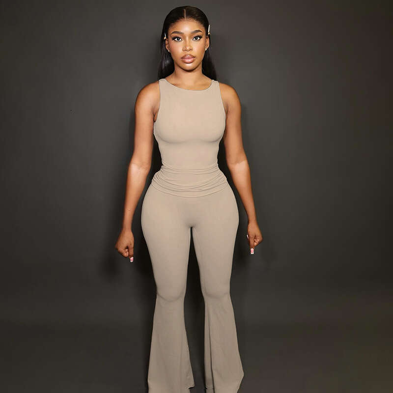 Street Fashion Casual Yoga Suit Tight Fitting Sports Sleeveless Vest, Hip Hugging Micro Flared Pants Two-Piece Set B5