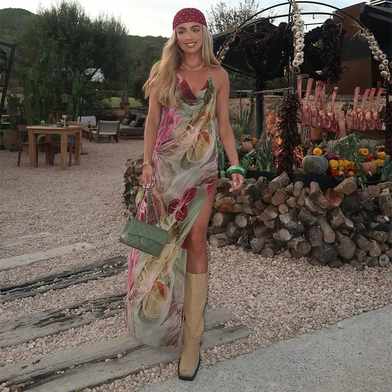 Floral Printed Suspender Dress Sexy Backless Womens Halter Dresses High Waist Split Maxi Fashion Robe Summer 250513