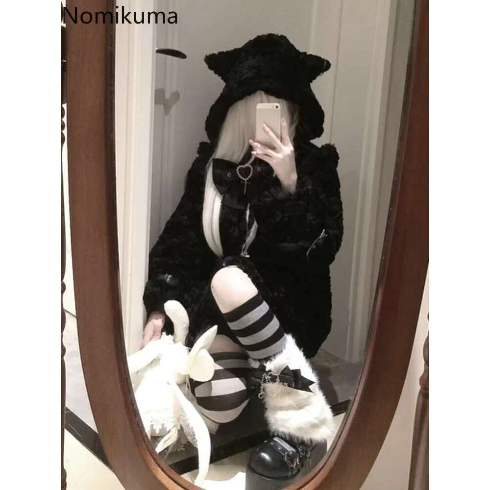 Japanese Women Clothes Furry Cat Ear Hooded Coat 2025 Ropa Mujer Thicked Warm Outwear Y2k Tops Casual Fashion Oversized Jackets Designer