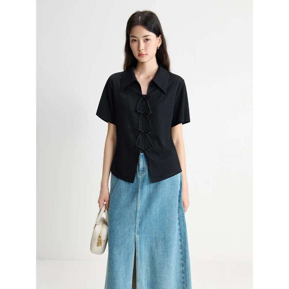 DUSHU Casual Elegant Chiffon Women Shirt Summer New Bow Commuting Short-Sleeved Black Top For Female 24DS82707