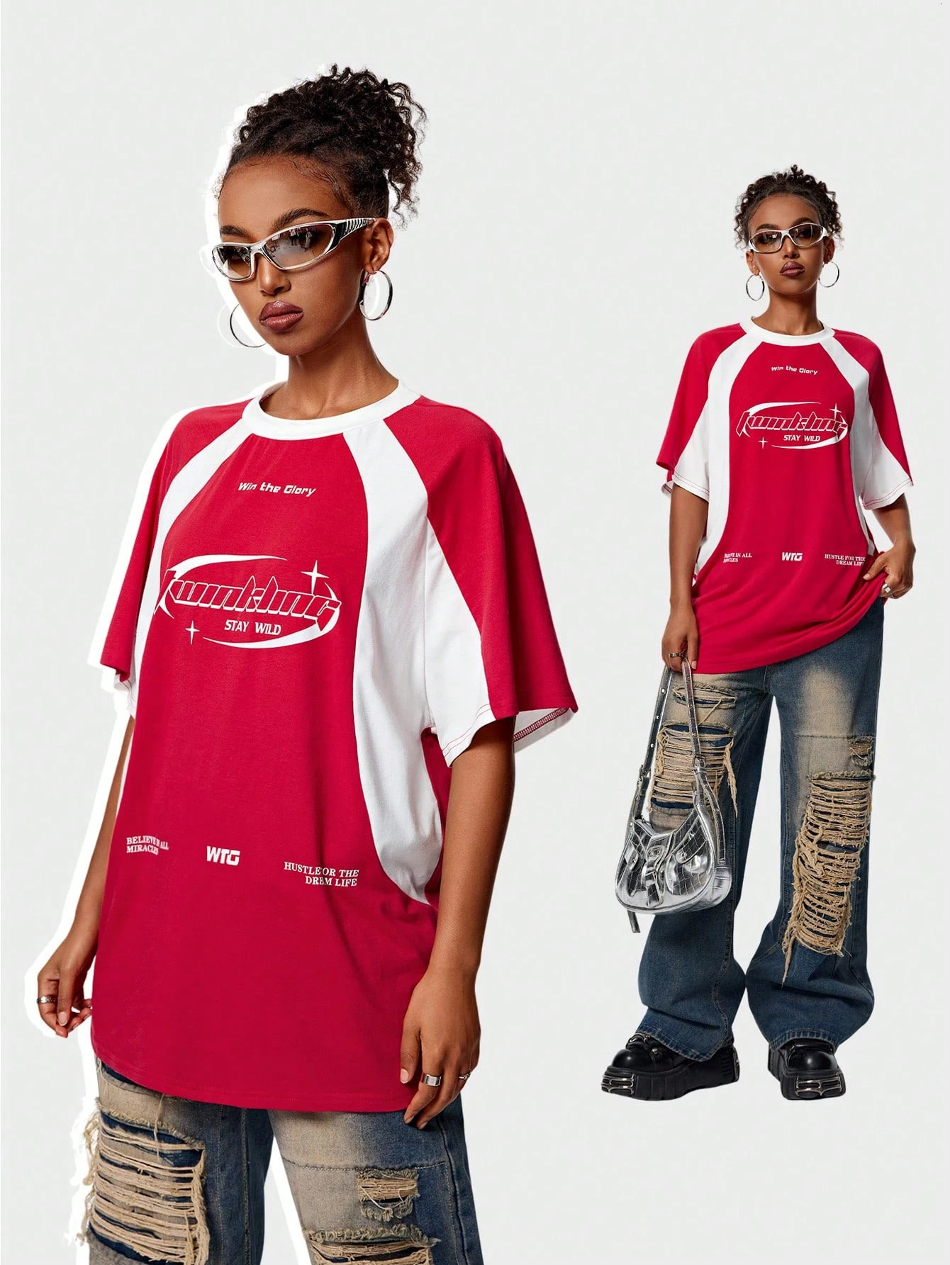 Womens Spring_Summer Streetwear Oversized Racing Motorcycle Print Color Block Raglan Sleeve TShirt Casual Top Tee 250513