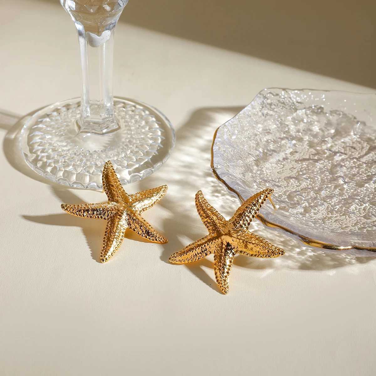 18K Gold Plated Stainless Steel Starfish Stud Earrings Anti Allergic Metal Waterproof Statement Jewelry for Women Beach Gift Y250510