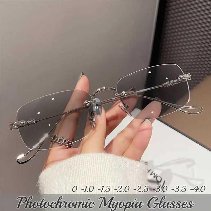 Fashion Rectangular Womens Photochromic Myopia Glasses Unisex Rimless Minus Diopter Eyeglasses Trendy UV Shades Sunglasses W250513