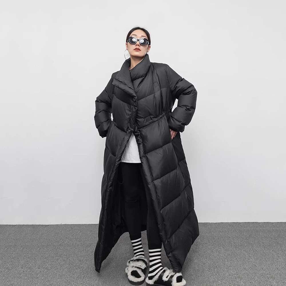 Winter Large Lapel Long Overcoat Women 90 White Duck Loose Knee Length Bread Cotton Quilt Jacket Warm Down Coat