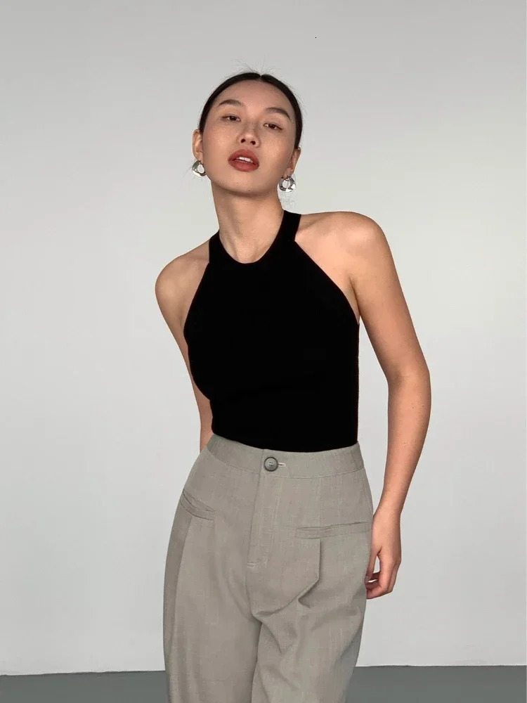 2025 Summer Slim Render Short Top Sexy Women Sleeveless Halter Tank Tops Solid BlackWhite Crop Vest Wholesale 250506
