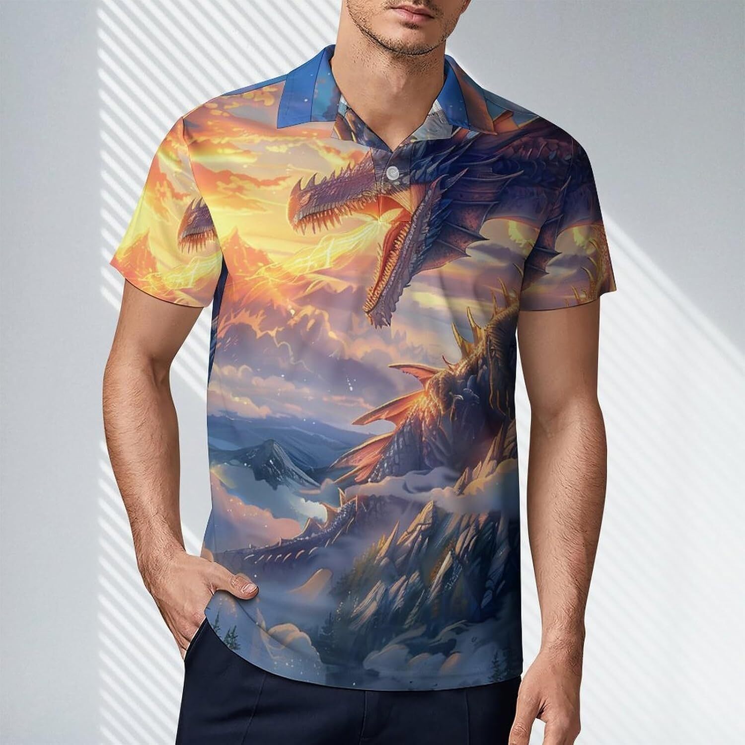Mens Polo shirt Dragon Breathing Fire Print Polo Shirts for Men Golf Shirt Casual Short Sleeve Tops Slim Fit Polos shirts tshirt Casual tops summer cl