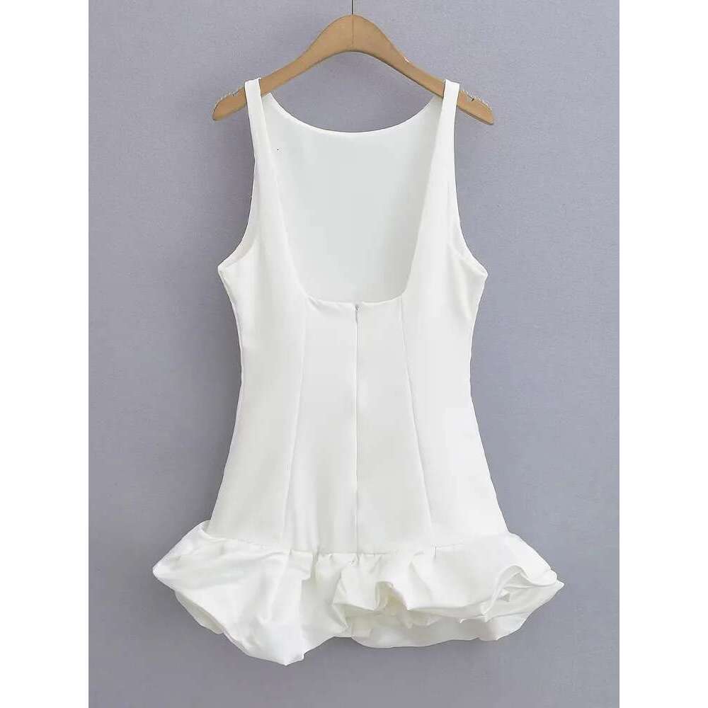 Fashion White Pleated Hem Mini Dress Women Elegant Round Neck Sleeveless Slim Fit Short Dresses Sexy Party Club Vestidos