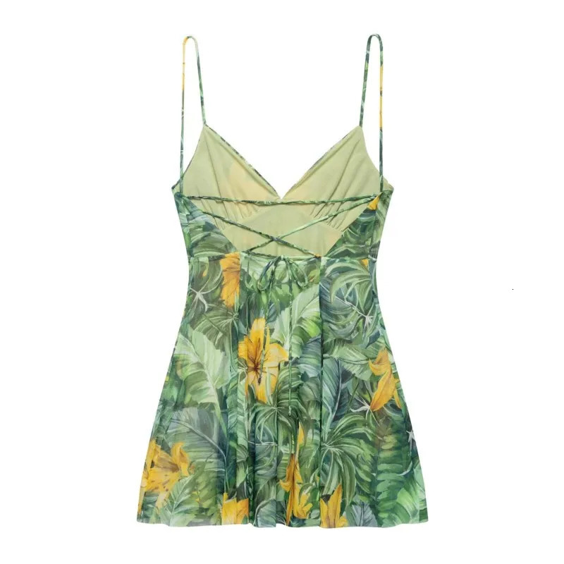HipSeam Women Print Short Dress Spring Casual Spaghetti Strap Womens Tulle Mini Pleated Backless Female Dresses 250513