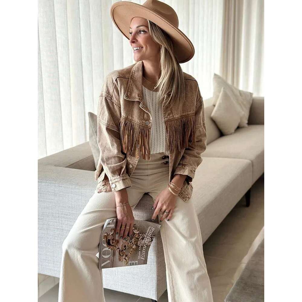 Gypsylady Stylish Retro Denim Women Jacket Autumn Winter Tassels Long Sleeve Cotton Khaki Brown Ladies Biker Jackets Chaquetas