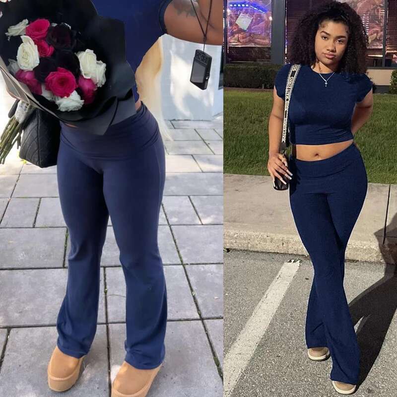 Comfy Cotton Lounge Wear Women Clothes High Stretch Slim Crop Top and Skinny Flare Leg Pants Suit Gym Fiess 2 Two Piece Sets