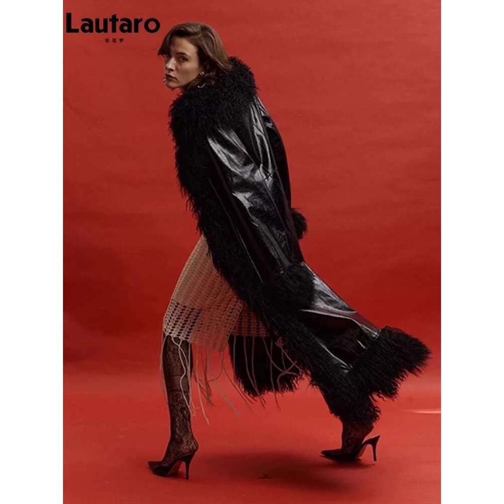 Lautaro Spring Autumn Long Black Shiny Patent Pu Leather Coat Women with Faux Fur Trim Designer Clothing European Fashion
