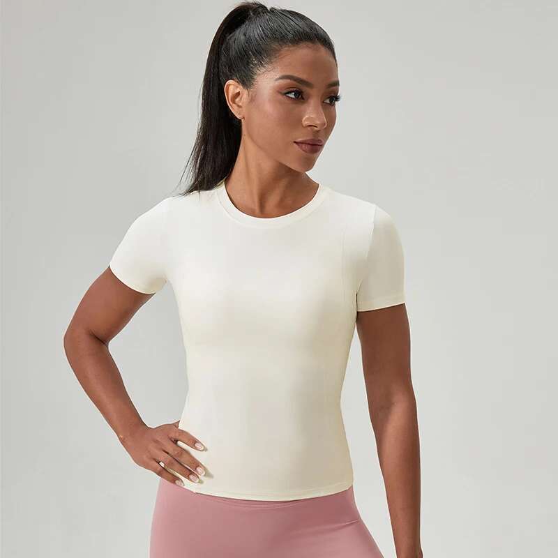 Women Running Sports T Shirt Short Sleeve Round Neck Breathable Training Fiess Stretchy Yoga Sexy Slim Gym Top
