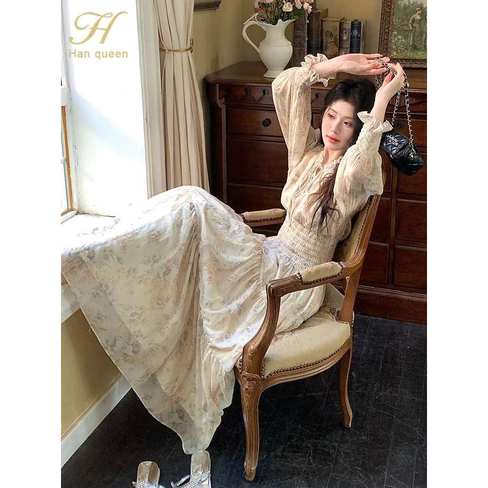 Long Sleeve Casual Beach Holiday Wrap Waist Spring Summer Women's Bohemian Chiffon Printed Dress